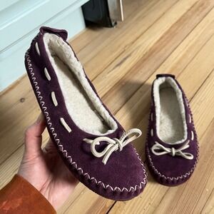 LL Bean Wicked Good Moccasin Plum Purple Suede Shearling Slippers Women 6 244819